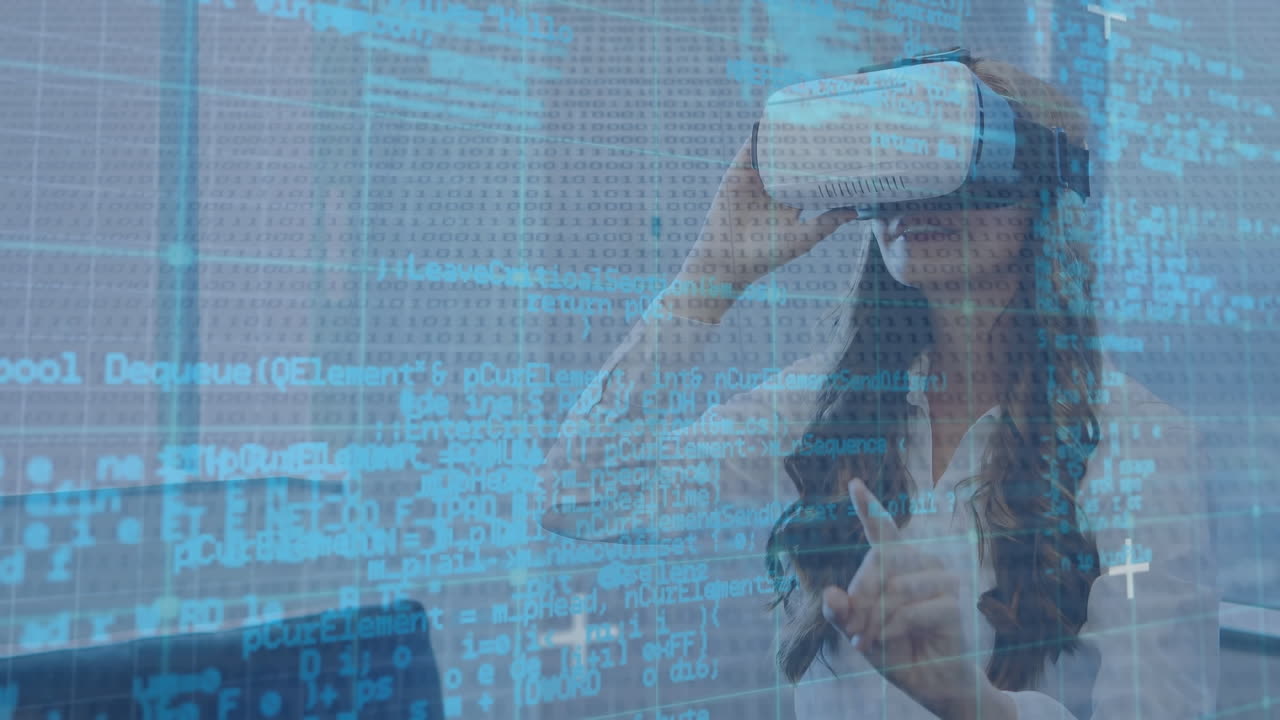 Animation of data processing over caucasian businesswoman using vr headset