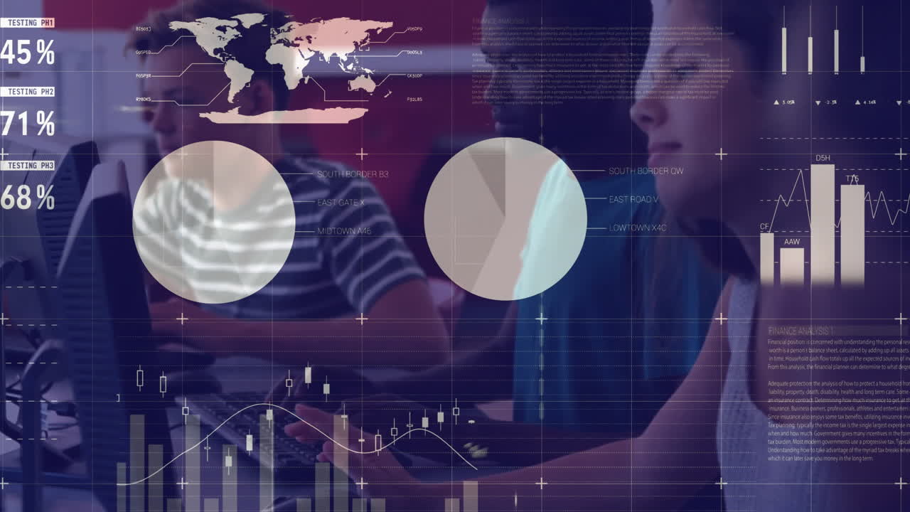Animation of financial data processing over diverse students using computers
