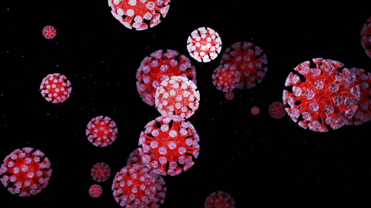 close-up tipo de coronavirus covid-19, h1n1, gripe aviar o gripe porcina se mueven suavemente en fluido representación 3d del virus como fondo de bucle microscópico microbiológico.