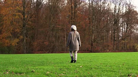 Aufnahme-Einer-Kaukasischen-Frau,-Die-In-Slowmotion-Durch-Einen-Herbstpark-In-Amsterdam-Geht-Und-Sich-Umschaut