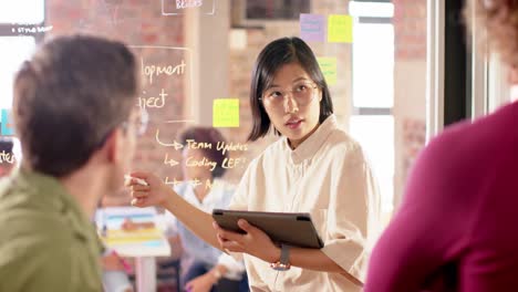 asian creative businesswoman with tablet at casual meeting with diverse colleagues, slow motion