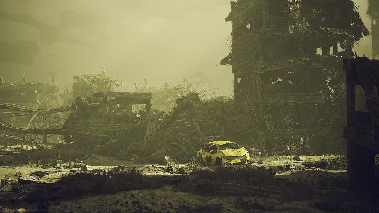 Lonely yellow vehicle surrounded by collapse and eerily glowing streets