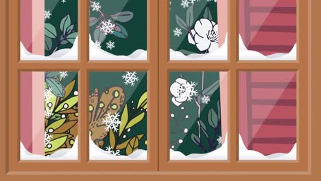 Animation-of-snow-falling-at-christmas-over-window-and-flowers