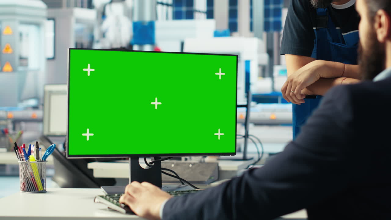 광전자 공장 전문가가 그린 스크린 pc에서 데이터를 분석하고 메트릭을 검토합니다.