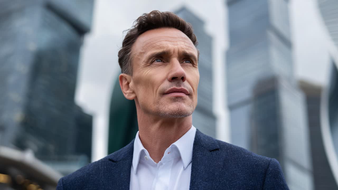 Confident Man Gazing Thoughtfully at Skyscrapers in a Modern Urban Landscape, Reflecting on Ambitions and Future Possibilities
