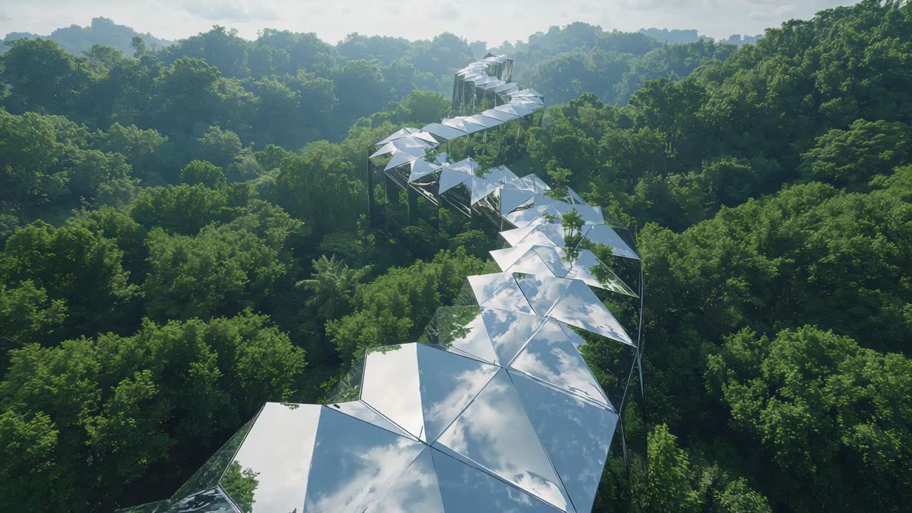 Gliding camera showing raised walkway with triangle metal panels above trees, revealing hills