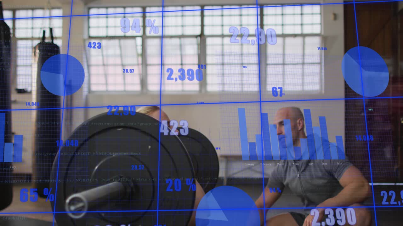 Female athlete doing bar press-squat in training, coach cueing and spotting, blue charts moving