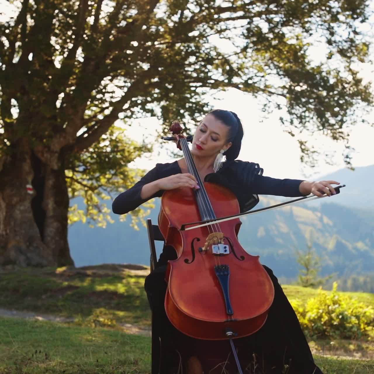 Sitting lady in black dress performs cello music. Musician playing instrument at the backdrop of old tree growing on the hill