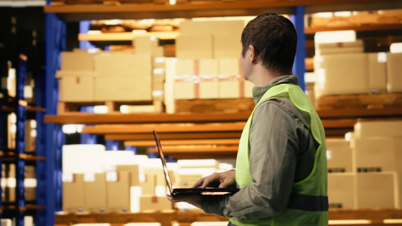 Uomo del personale che opera con un laptop in un centro di distribuzione e-commerce