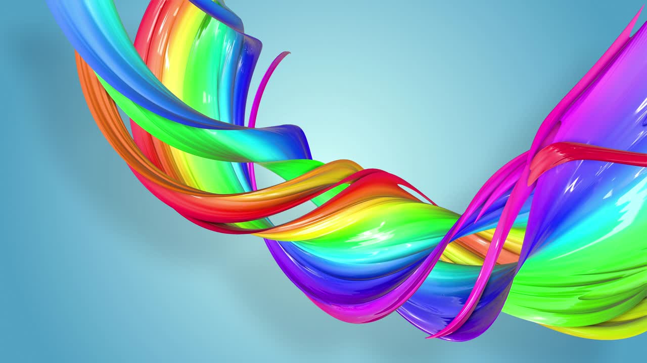 다채로운 리본을 가진 추상적인 무결한 배경: 무지개 줄무가 원으로 움직이고 휘어집니다.