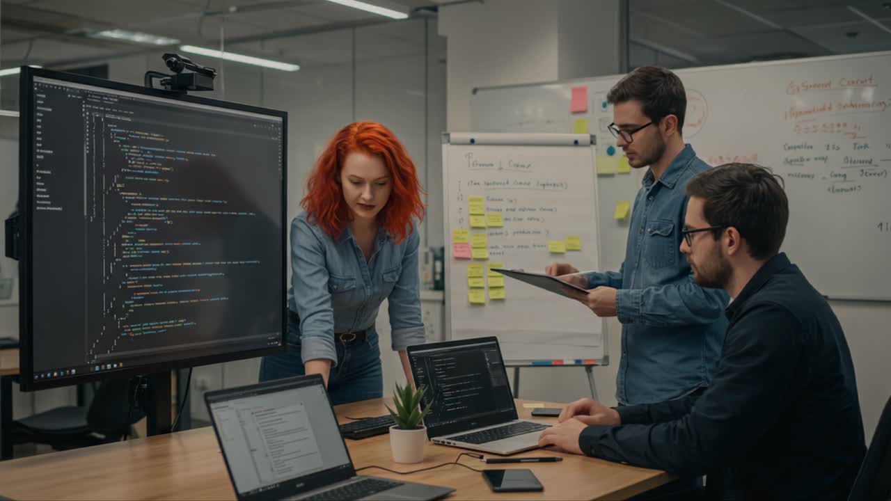 Collaborative Coding Session in Modern Office with Focused Team Analyzing Code on Laptops and Discussing Project Development