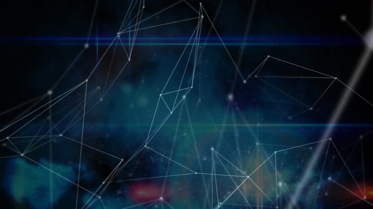 Digital animation of network of connections over light spots against blue background