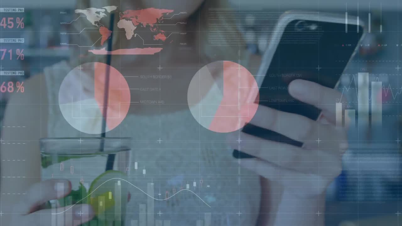 스마트 폰을 사용하는 여성에 대한 통계 및 금융 데이터 처리의 애니메이션