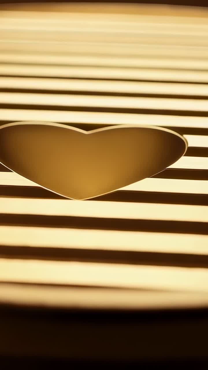 Video verticale: inquadratura iniziale che mostra un piccolo cuore di carta che si sposta da sinistra al centro su listelli retroilluminati con luce calda