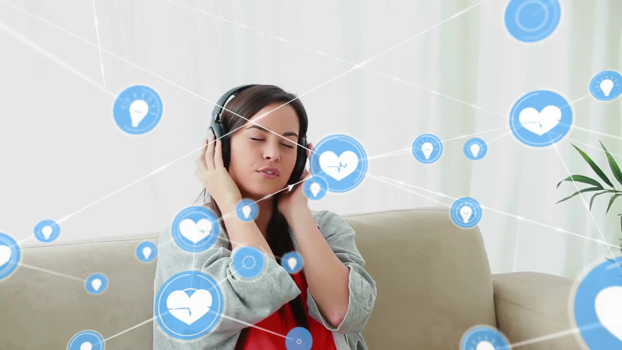 Animation of network of connections with icons over caucasian woman using headphones