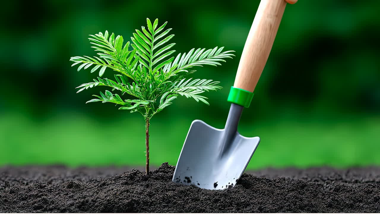 Planting a small tree in rich soil. Hands use a small shovel to plant a healthy tree sapling in dark soil under a bright, green backdrop