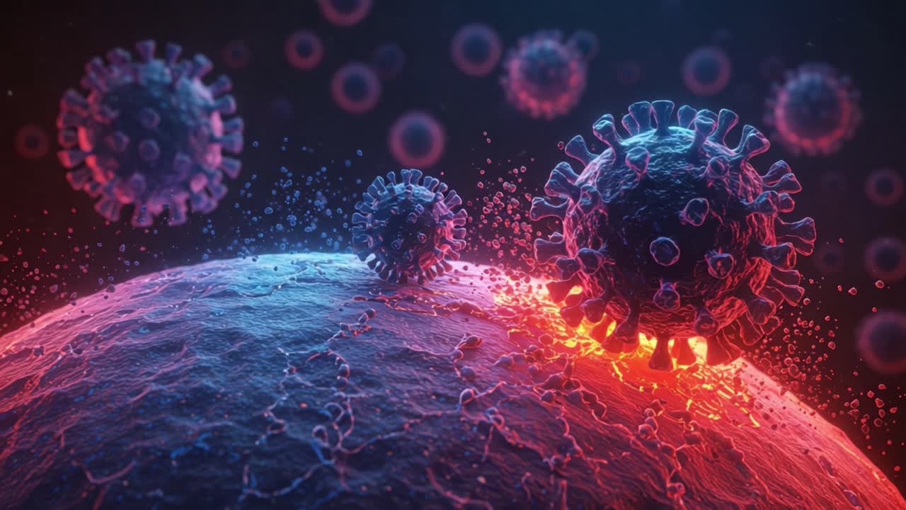 Visualizzazione microscopica di entità virali che interagiscono con strutture cellulari in un ambiente 3D vivido e dettagliato che riflette le dinamiche dell'infezione