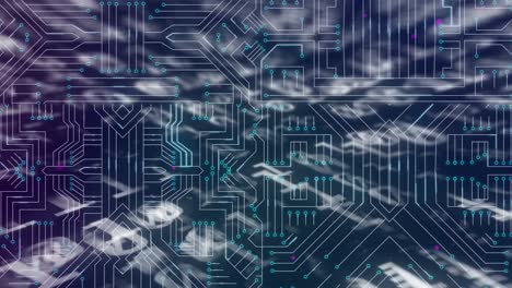 Animation of data processing and web of connections on black background