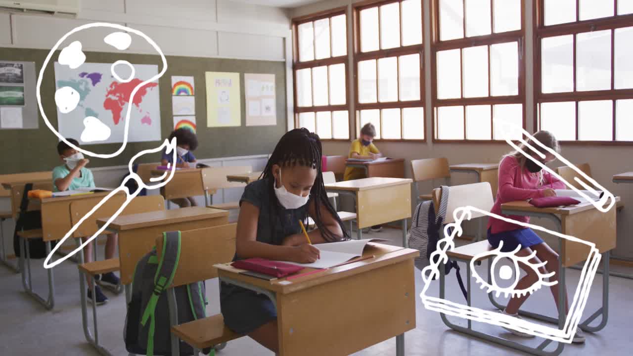 Ikon konsep sekolah dengan latar belakang anak perempuan Afrika-Amerika mengenakan masker wajah sedang belajar di sekolah dasar