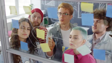 group of young people discussing project plan on glass board at office