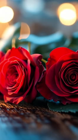 red roses on a table. three red roses are arranged on a wooden table, illuminated by soft, warm lights in the background.