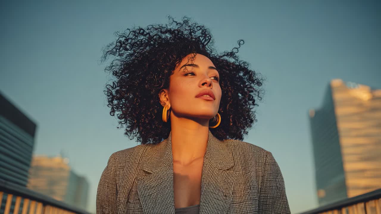 A Confident Woman with Curly Hair Poses Against a Modern City Skyline at Sunset, Showcasing Style and Empowerment in an Urban Environment