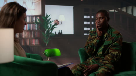 soldier in a vulnerable state seeking mental health support with woman therapist