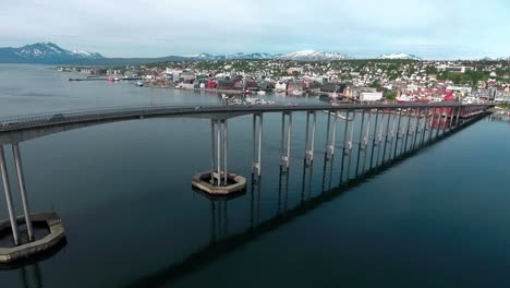 Bridge-of-city-Tromso,-Norway-Aerial-footage