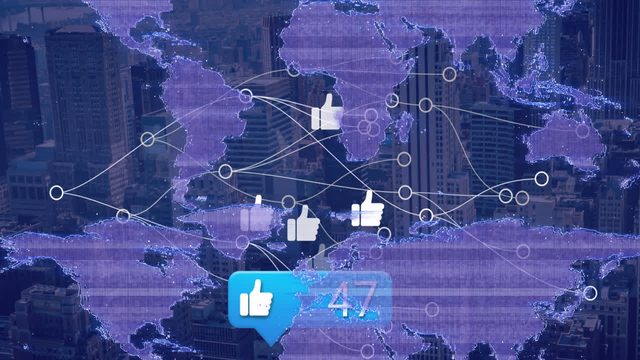 움직이는 모양 위에 미디어 아이콘과 도시 풍경의 애니메이션