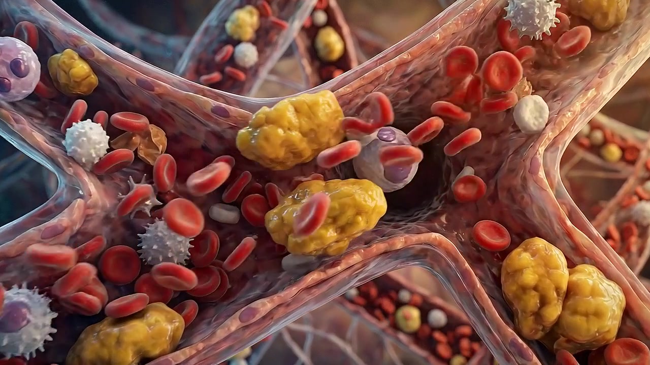 Interno di un vaso sanguigno con cellule in movimento e particelle biologiche