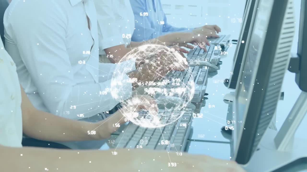 컴퓨터를 사용하는 비즈니스 사람들에 대한 연결 네트워크와 함께 지구촌의 애니메이션