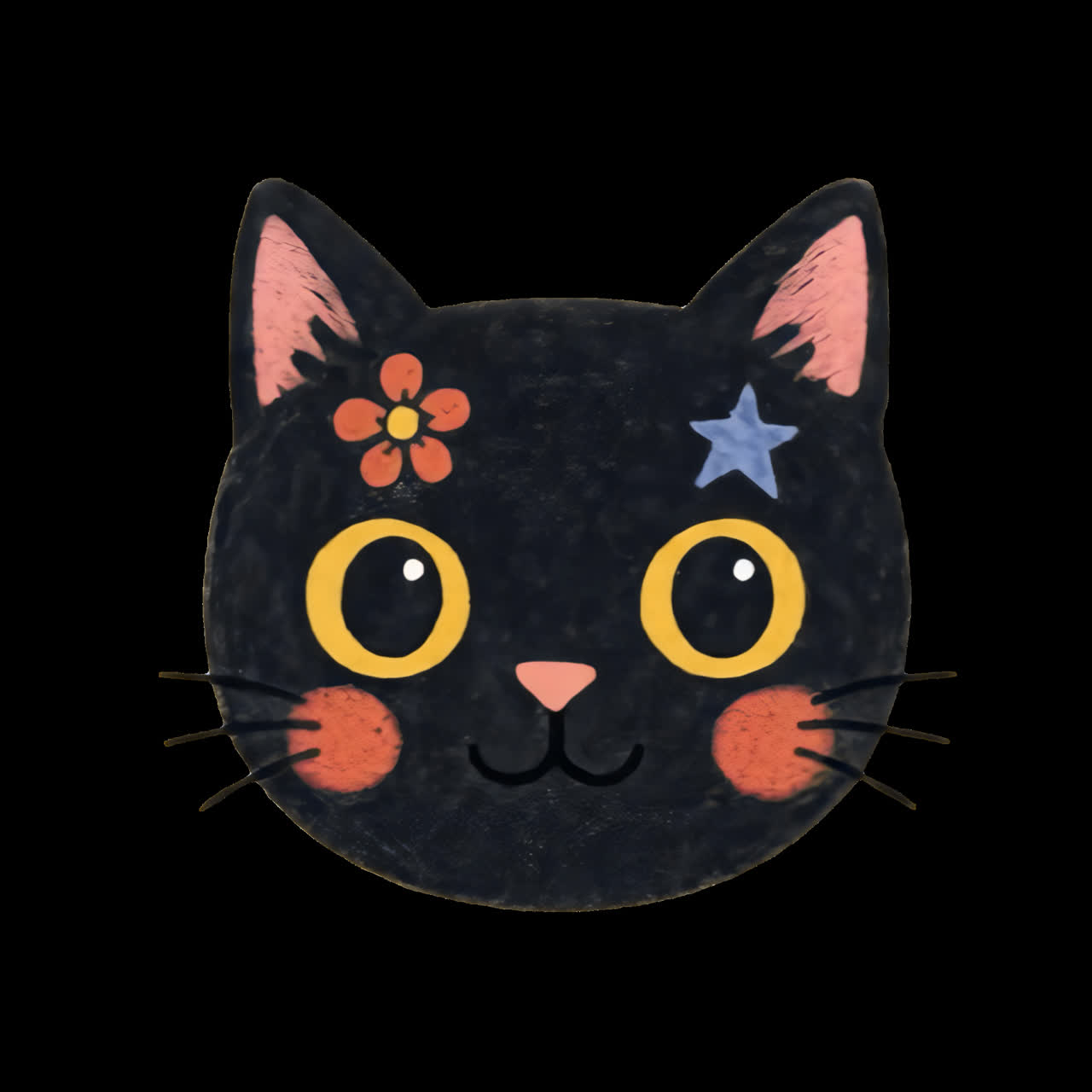 Cabeça de Gato Preto Animada Fofa com Flor e Estrela Piscando