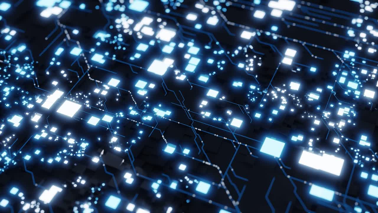 Abstract digital circuit pattern with glowing blue lights and dark background. 3D render of futuristic technology board. Artificial intelligence and data processing concept. Design for banner