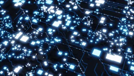 abstract digital circuit pattern with glowing blue lights and dark background. 3d render of futuristic technology board. artificial intelligence and data processing concept. design for banner