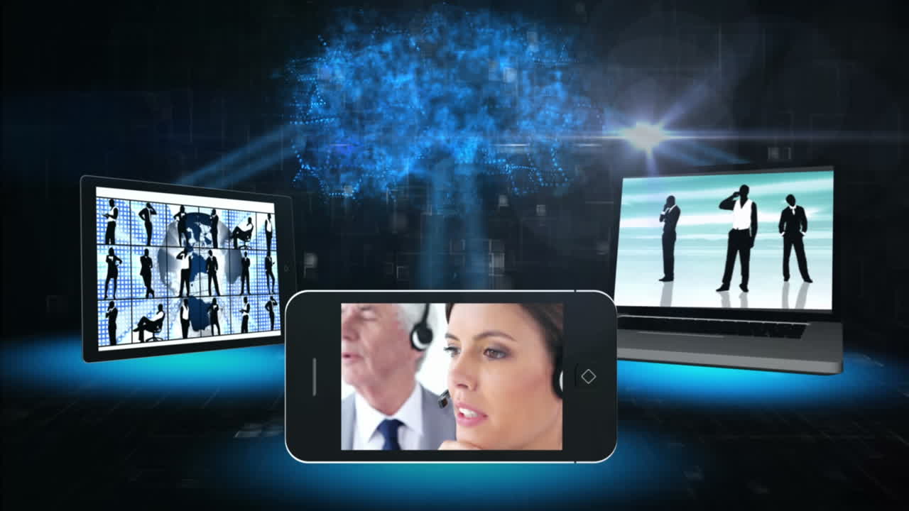 전자 장치의 화면에서 다양한 사람들 위에 있는 구름의 애니메이션