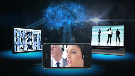 animation of cloud over diverse people on screens of electronic devices