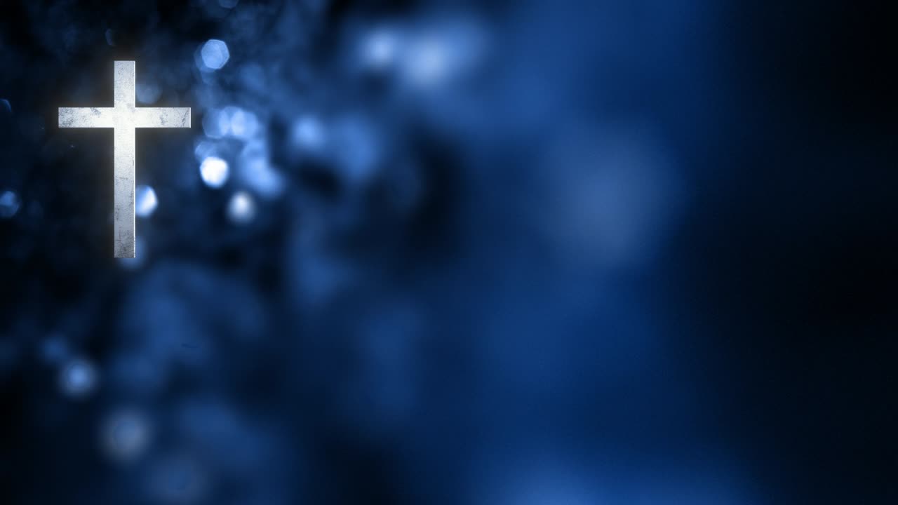 로맨 기독교 십자가를 은 수평적인 전례 파란 bokeh 반이는 배경