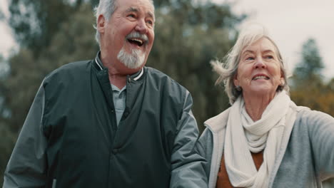 love, smile and a senior couple walking outdoor