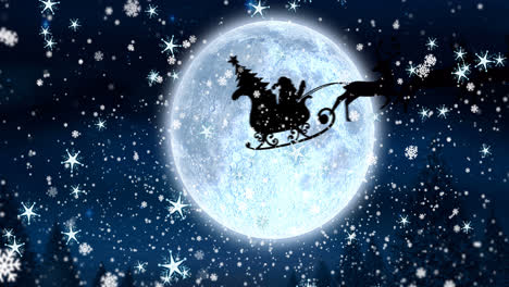 Animation-of-snowflakes-and-stars-over-santa-sleigh-over-full-moon