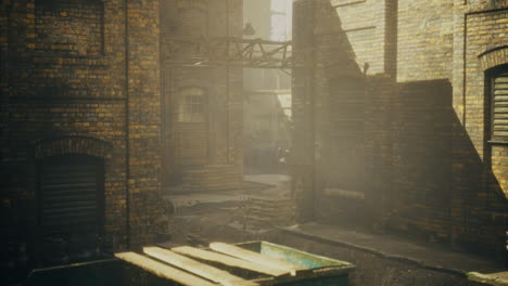mysterious alleyway with fog and vintage buildings in urban setting