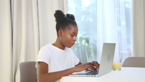 woman working on laptop during breakfast