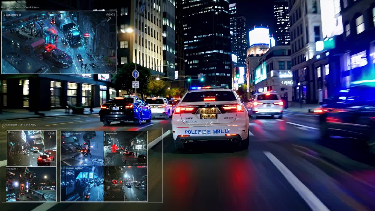 A thrilling nighttime chase unfolds through the bustling city streets, illuminated by flashing lights and filled with heart-pounding speed