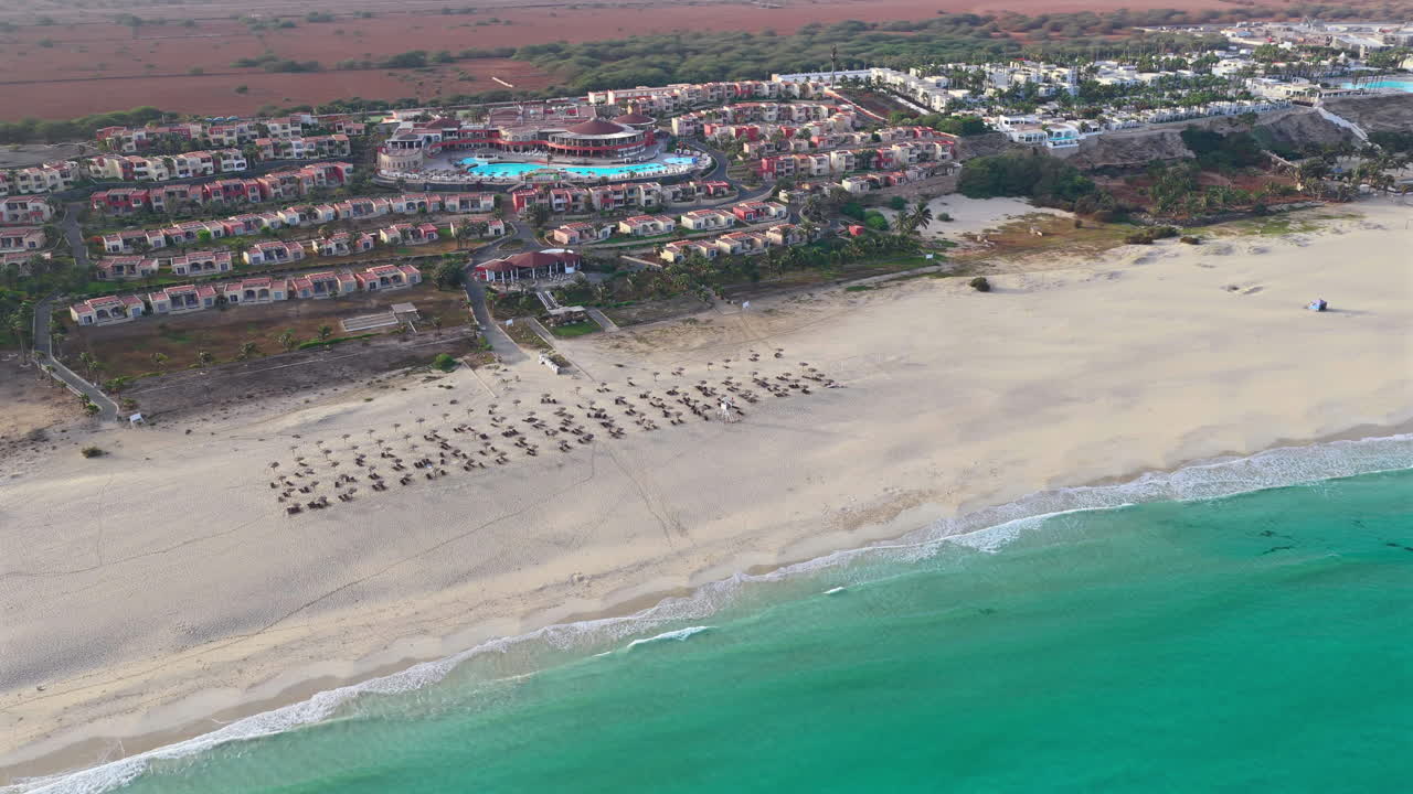 Amazing Praia de Chaves ( Chaves beach) popular tourist destination.Aerial shot of Chaves beach and famous resort background.Boa Vista island situated in the Atlantic Ocean.Cape Verde, Africa