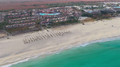 amazing praia de chaves ( chaves beach) popular tourist destination.aerial shot of chaves beach and famous resort background.boa vista island situated in the atlantic ocean.cape verde, africa