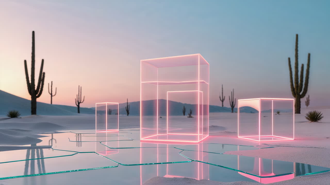 Surreal Desert Landscape with Neon Glowing Cubes and Cacti