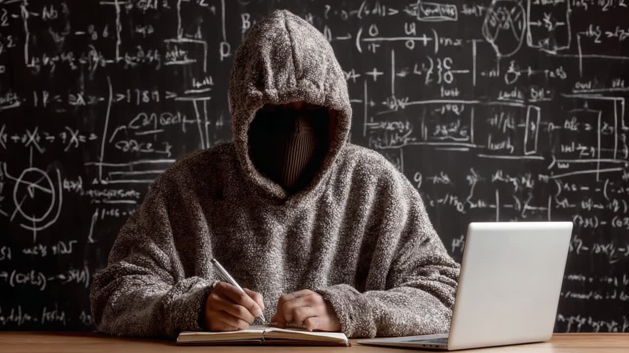 En mystisk figur med hette som skriver på en bærbar PC, omgitt av komplekse matematiske ligninger på en tavlebakgrunn