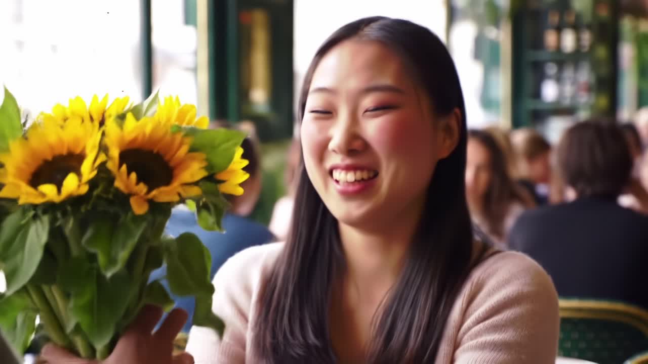 A Heartfelt Moment: A Young Woman Receives a Beautiful Bouquet of Sunflowers, Radiating Joy and Connection in a Charming Café Setting