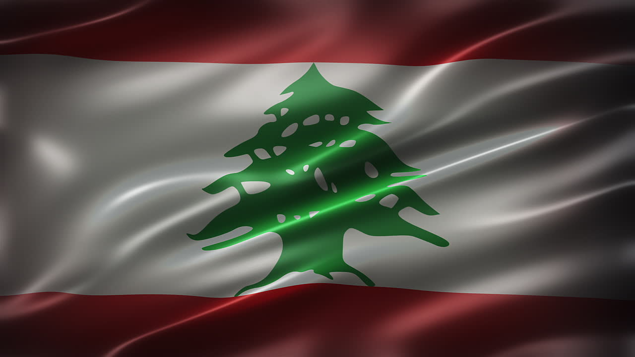 Lebanon CG flag, front view, flapping in the wind, realistic with a cinematic look and feel, with elegant silky texture