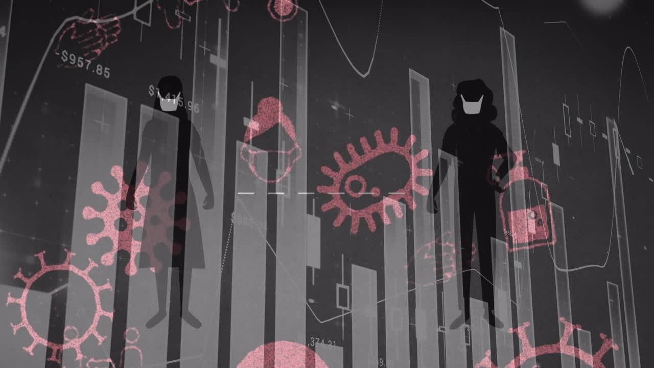 코로나19 세포 및 아이콘의 애니메이션 및 통계 처리