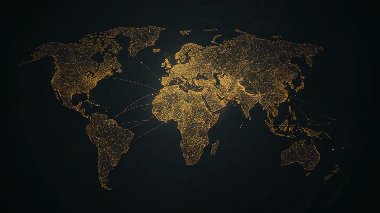 Starting gold-lit map pulsing and tracing arcs on dark backdrop, showing global links to continents